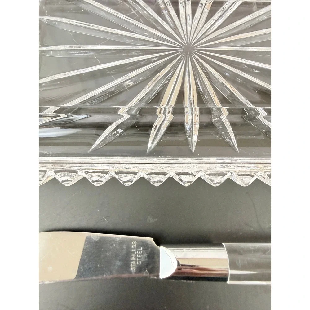 VTG Fifth Avenue Crystal Butter Dish with Underplate and Butterknife 3 Piece
